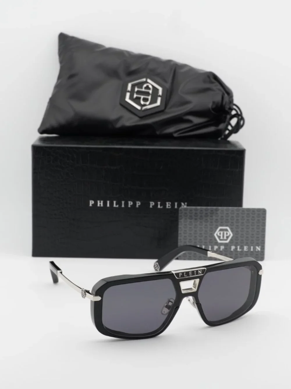 Philipp Plein SPP008M 0700 Aviator Sunglasses – Shiny Black/Grey
